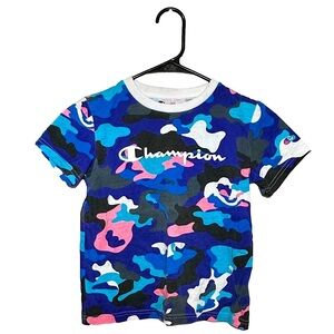CHAMPION Blue, Pink, Black, and White Camo Print T-Shirt